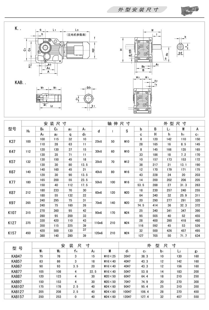 K螺旋錐齒輪減速機…（軸伸式底角安裝）、KAB…（軸伸式底角安裝）外型安裝尺寸